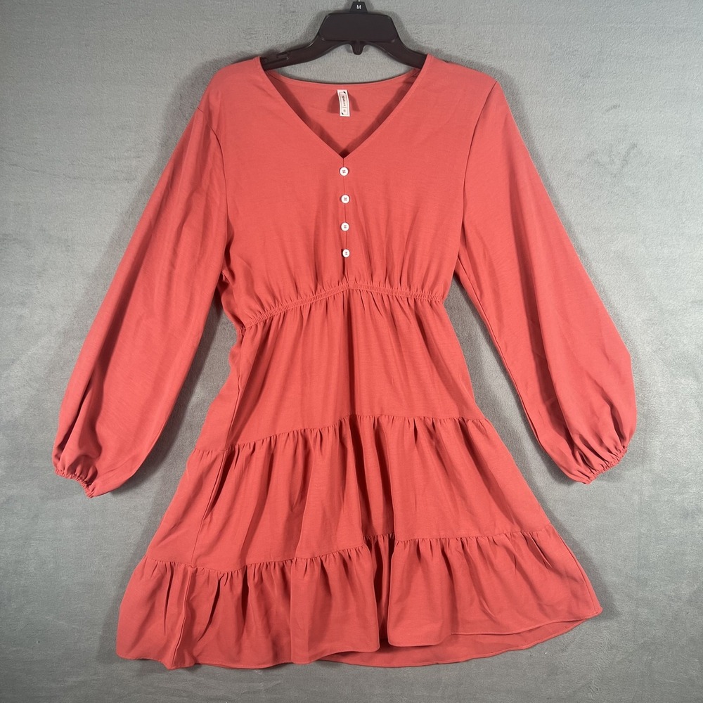 Fashion Collection Women's Coral Tiered Smocked Waist Long Sleeve Mini Dress